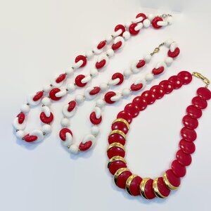 Red White Necklace, Lot of 3, Napier, Vintage, 60s, Plastic, Chunky, Collection